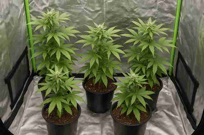 Three cannabis plants grown using quadline, manifold, and mainline methods side by side in an indoor reflective tent showing canopy shape differences and even spacing under LED grow lights.