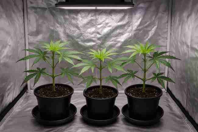 Indoor cannabis grow tent with plants under LED lights representing a Q&A setup for training methods like quadline, manifold, and mainline, showing healthy symmetrical plants.