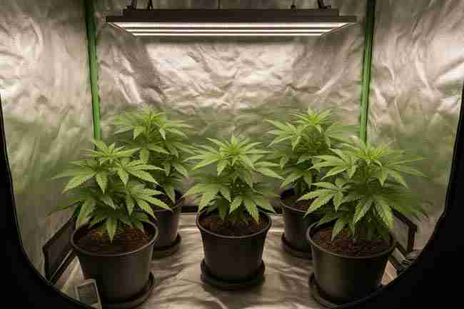Indoor cannabis grow tent showing mature, evenly trained plants under LED lights ready for harvest, symbolizing the final results of quadline, manifold, and mainline techniques.
