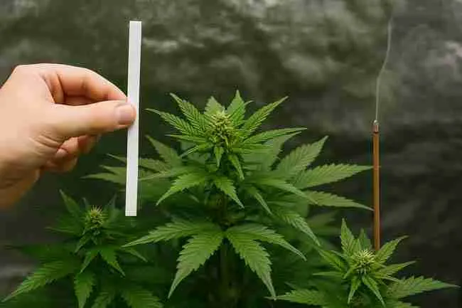 Horizontal image of cannabis plant with incense smoke and a paper strip test showing airflow mapping tools in action.