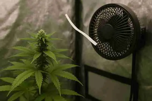 Horizontal image of cannabis plant with a paper strip fluttering near an oscillating fan to show airflow mapping test.