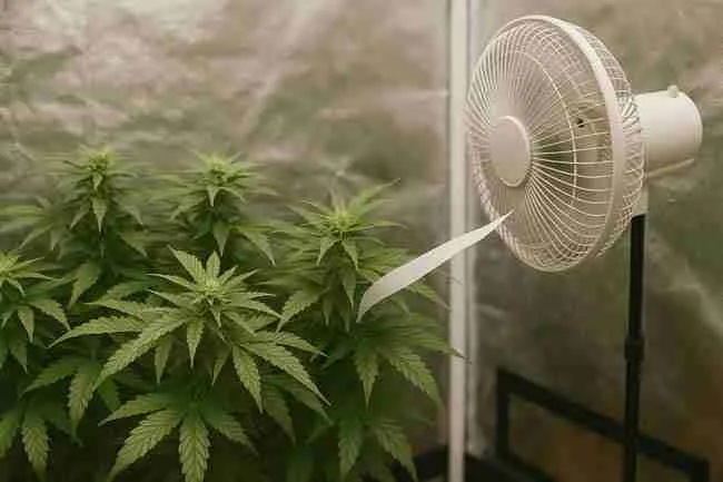 Horizontal image of cannabis plants in a grow tent with a paper strip fluttering near a fan to show ongoing airflow monitoring.