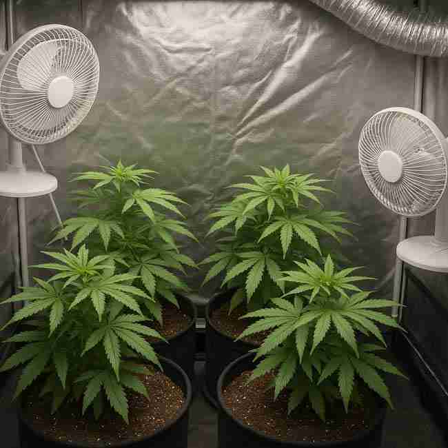 Horizontal image of indoor cannabis grow tent with multiple plants, two oscillating fans, and ducting to illustrate airflow problem areas.