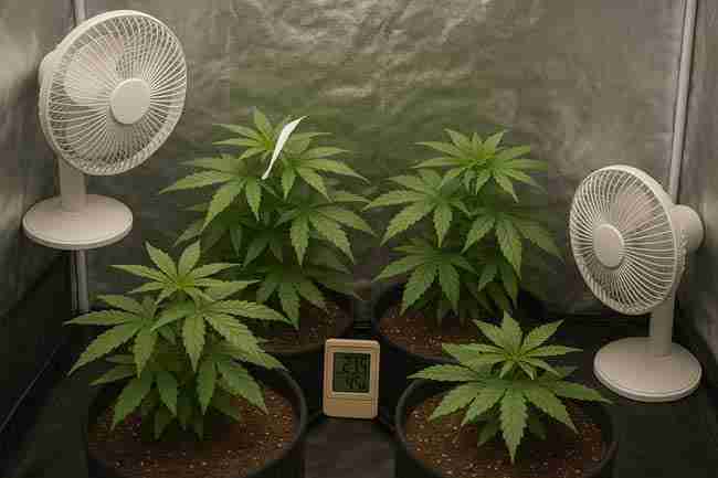 Horizontal image of cannabis grow tent with four plants, two fans, ducting, and hygrometer showing airflow and exhaust setup.