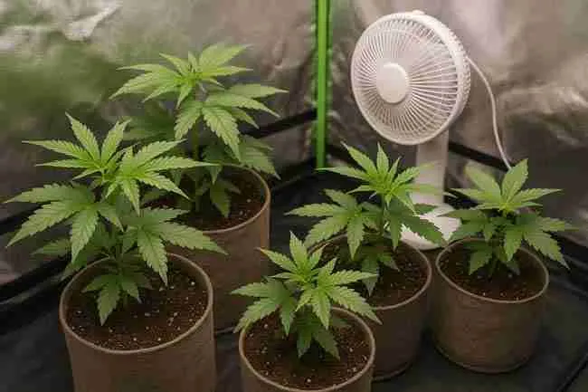 Horizontal image of cannabis plants in fabric pots inside a grow tent with a fan providing airflow during vegetative stage.