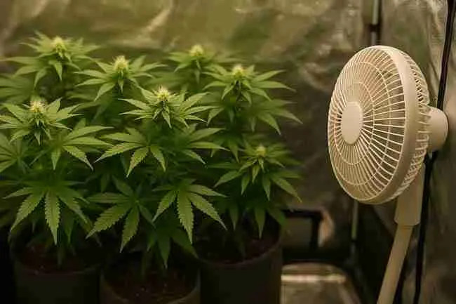 Horizontal image of cannabis plants in flowering stage inside a grow tent with an oscillating fan preventing microclimates.