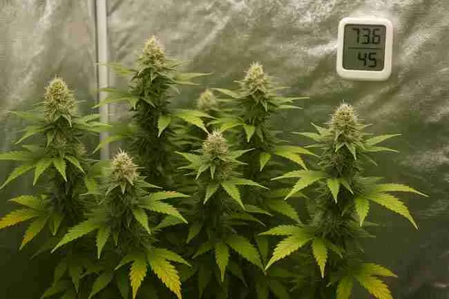 Horizontal image of flowering cannabis plants in a grow tent with a hygrometer on the wall, showing airflow management and fan placement.