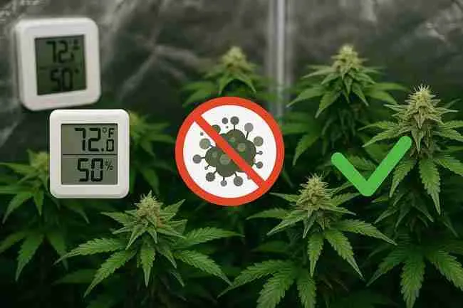 Horizontal image of cannabis plants in a grow tent with hygrometer, mold prevention symbol, and airflow indicators for mildew control.