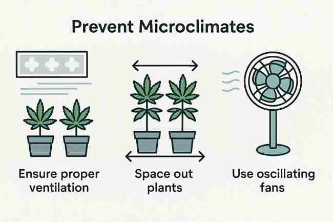 Horizontal image of cannabis plants in a grow tent with hygrometer, mold prevention symbol, and airflow indicators for mildew control.