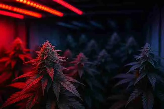 Macro view of cannabis buds glowing under purple-blue UVA and UVB grow lights, showing trichome sparkle and pigment formation to demonstrate UVA UVB cannabis lighting effects.