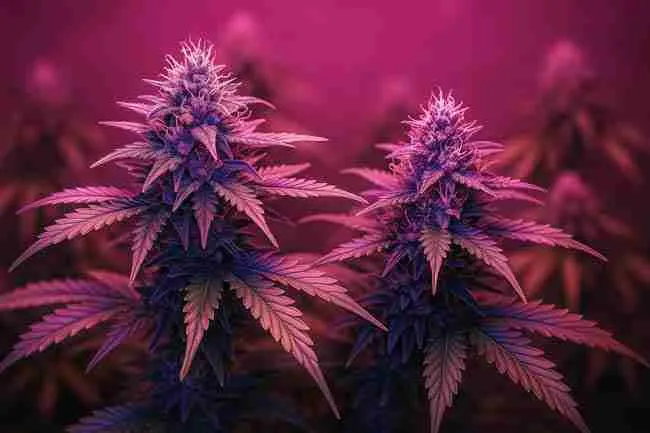 Cannabis flowering plants under mixed red, far-red, UVA, and UVB LED lights, displaying a colorful lighting spectrum across the canopy to illustrate far red cannabis light spectrum comparison.