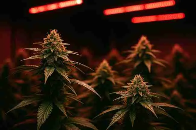 Indoor cannabis grow showing far-red, UVA, and UVB LED lights staged for each growth phase from veg to late bloom, illustrating week-by-week far red cannabis lighting recipes.
