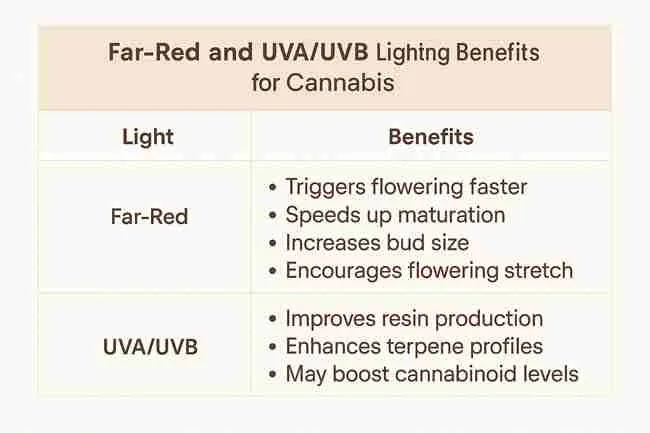 Cannabis grow setup with labeled far-red, UVA, and UVB LED bars, timers, meters, and safety gear arranged around a healthy cannabis canopy to illustrate grow room lighting equipment setup for far red cannabis.