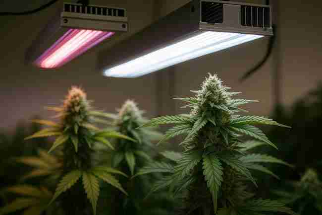 Indoor cannabis garden showing short indica and tall sativa plants under far-red and UV lights, illustrating how different strains and environments respond to far red cannabis lighting.