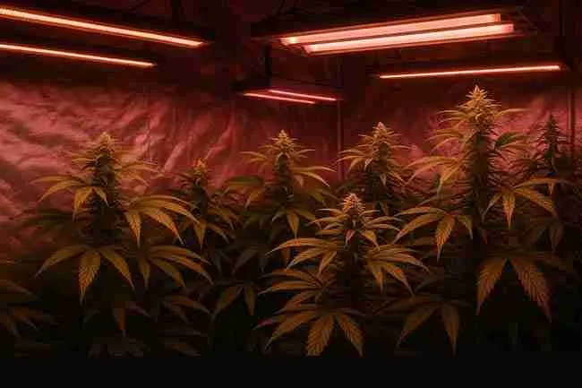 Split view showing healthy cannabis buds thriving under proper far-red lighting on one side and over-stretched, light-burned plants on the other, illustrating the pros and cons of far red cannabis lighting use.