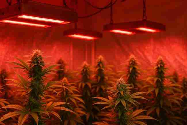 Cannabis grow room glowing under far-red and UV lights, with healthy flowering plants and a grower inspecting trichomes, symbolizing common far red cannabis questions and answers.