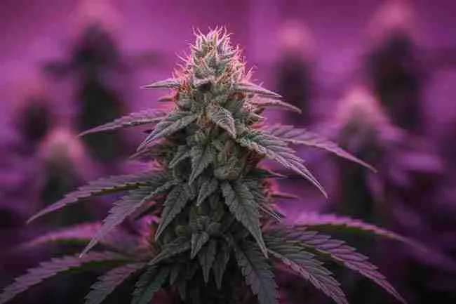 Close-up of cannabis buds thriving under far-red and UV lights with visible timers and lighting bars in background, illustrating a real-world far red cannabis lighting example setup.