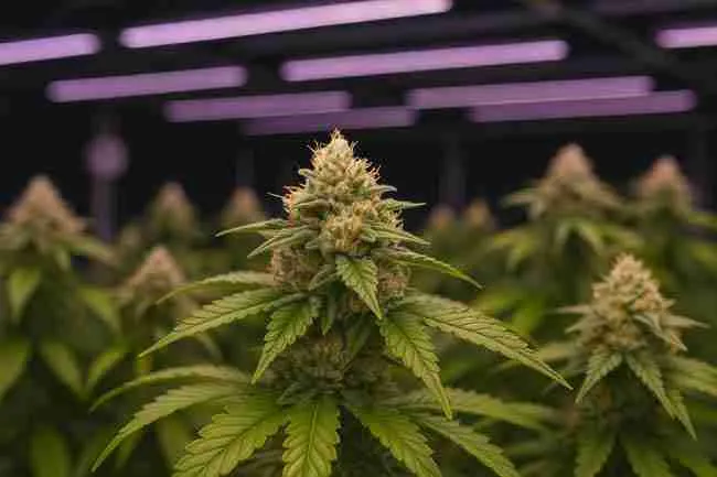 Close-up of mature cannabis buds under UVA, UVB, and far-red lighting showing LED spectrum bars above, illustrating far red cannabis lighting specifications and timing guide.