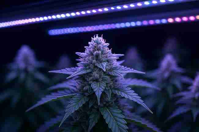 Cannabis grower checking plants under far-red and UV lights with a clipboard beside a grow tent, representing a do’s and don’ts checklist for far red cannabis lighting best practices.