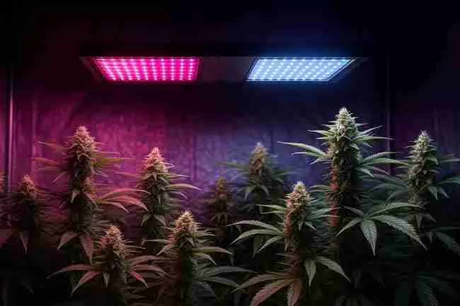 Cannabis grower checking plants under far-red and UV lights with a clipboard beside a grow tent, representing a do’s and don’ts checklist for far red cannabis lighting best practices.