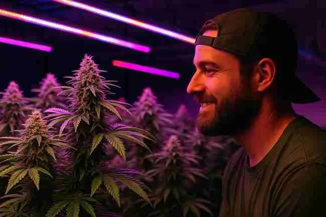 Cannabis grower admiring frosty cannabis plants glowing under far-red and UV lights, symbolizing successful results and faster finishing from far red cannabis lighting techniques.