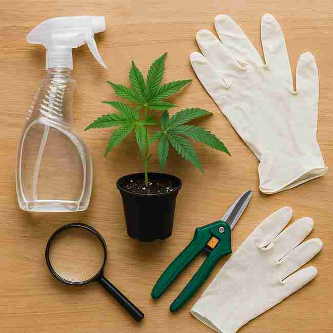 Cannabis quarantine intake tools including spray bottle, magnifying glass, pruning shears, gloves, and healthy cannabis clone on wooden table ready for inspection.