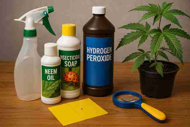 Cannabis quarantine supplies including neem oil, insecticidal soap, hydrogen peroxide, spray bottle, sticky trap, magnifying glass, and healthy cannabis clone for setup