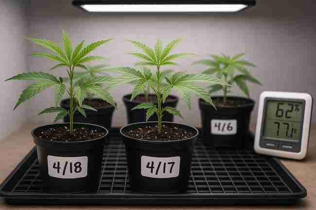 Cannabis clones in labeled pots under LED lights with humidity monitor and IPM intake protocol checklist, representing integrated pest management quarantine process.