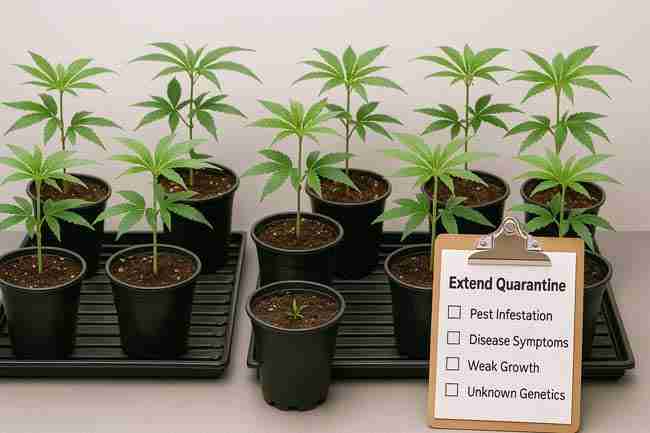 Organized cannabis quarantine setup with rows of healthy cannabis clones in pots, clipboard quarantine checklist, and clean trays for pest-free growing conditions.