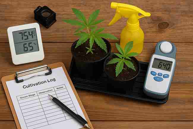Cannabis grower monitoring seedlings with cultivation log, magnifier, humidity monitor, and spray bottle for proactive pest prevention in indoor quarantine setup.