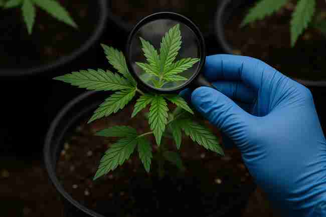 Cannabis grower inspecting leaf with magnifying glass while wearing gloves, comparing healthy and pest-affected plants to understand quarantine pros and cons.