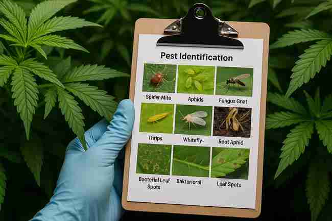 Cannabis grower wearing gloves using pest identification chart to diagnose issues on cannabis leaves while inspecting healthy and damaged plants in quarantine area.