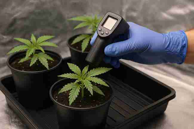 Cannabis grower using infrared thermometer to monitor temperature of autoflower clones and seedlings in small indoor quarantine setup with clean trays and pots.