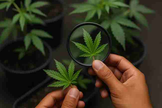 Cannabis grower examining cannabis leaf with magnifying glass surrounded by clean labeled tools and potted plants in organized indoor quarantine grow setup.