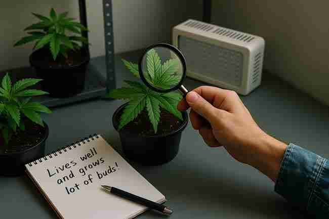 Cannabis grower inspecting healthy cannabis plants with magnifying glass beside checklist notebook and grow light during a repeatable quarantine inspection routine.