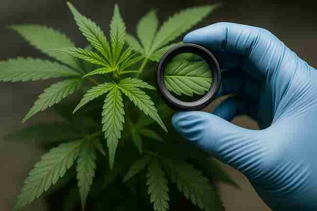 Cannabis grower wearing gloves inspecting cannabis leaf through magnifier during IPM intake protocol to prevent pest introduction in clean indoor quarantine area.