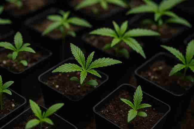 Healthy cannabis seedlings in pots growing under bright LED light in a clean quarantine area, symbolizing successful cannabis quarantine clones routine and healthy results.