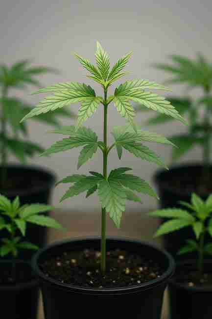 Healthy young cannabis plant thriving in clean quarantine environment under bright light, representing successful cannabis quarantine clones process for growers.