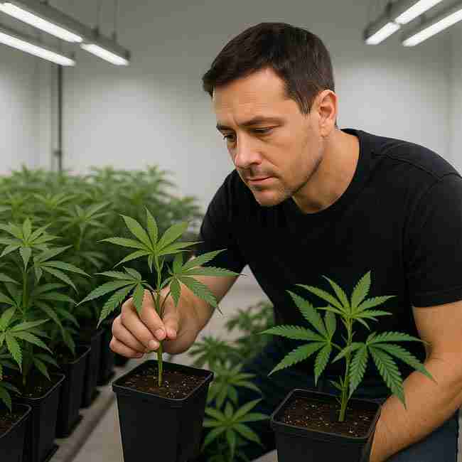 Focused cannabis grower inspecting healthy cannabis clones under LED lights in clean grow room, representing successful cannabis quarantine and pest-free process.