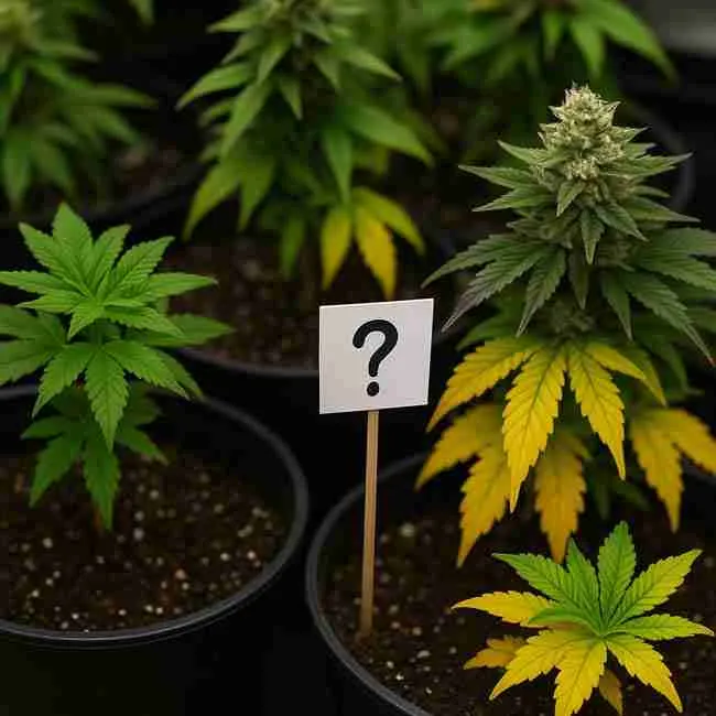Cannabis grower checking pH and EC meters beside potted cannabis plants with nutrient bottles and notes, illustrating cannabis flushing specifications and data tracking.