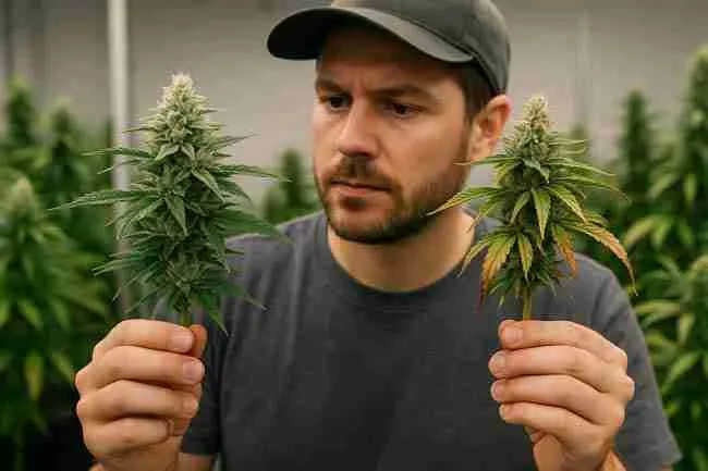 Cannabis grower comparing two plants—one healthy with cloudy trichomes and another overfed with burnt tips—illustrating real harvest signals versus flushing myths in cannabis cultivation.