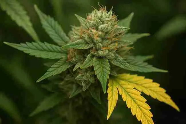 Cannabis grower inspecting trichomes with a magnifying loupe beside hanging cannabis branches and jars of cured buds, symbolizing a real-world cannabis finishing process with cloudy trichomes and aroma-rich flowers.