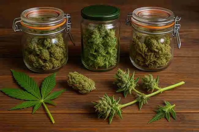Cannabis grower trimming freshly harvested buds on a table surrounded by drying racks, jars, and notes, symbolizing the final steps of cannabis flushing and curing for flavor and quality improvement.