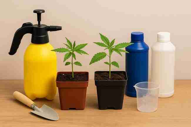 Horizontal photo of two young cannabis plants in pots with nutrient bottles, spray bottle, and measuring tools for an A/B nutrient test setup.