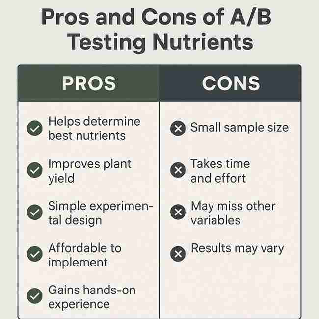 Horizontal graphic chart showing pros and cons of cannabis AB test nutrient experiments with clear comparison columns and checkmark vs cross symbols.