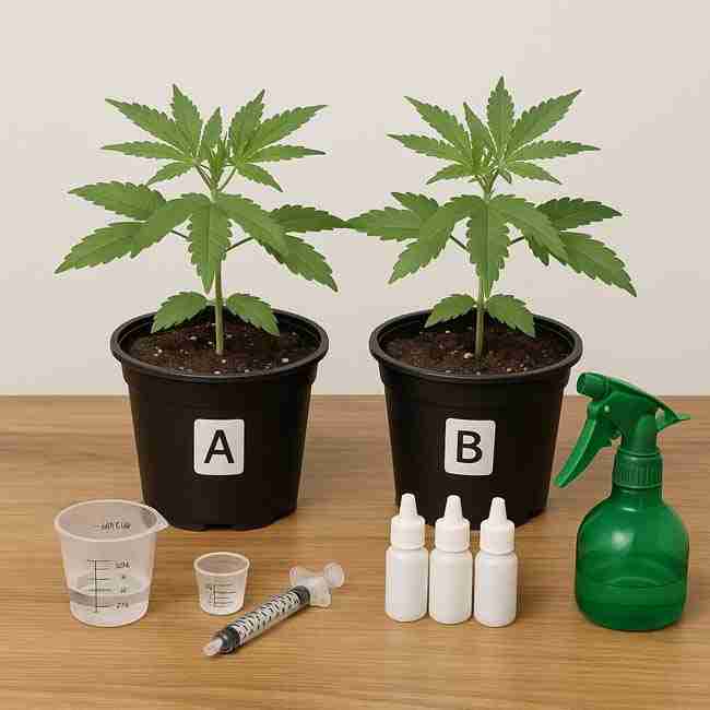 Horizontal photo of cannabis plants labeled A and B with measuring cups, syringe, spray bottle, and nutrient bottles showing controlled nutrient testing setup.