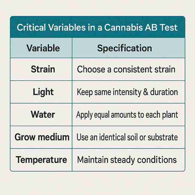 Horizontal chart listing critical variables in a cannabis AB test including strain, light, water, grow medium, and temperature with clear specifications.