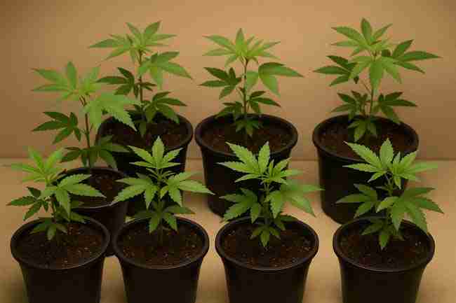 Horizontal photo of multiple cannabis plants in uniform black pots arranged in rows to demonstrate replicate groups for a cannabis AB test experiment.
