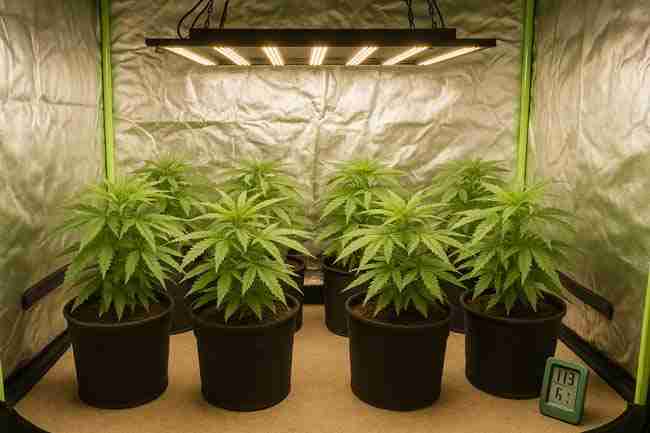 Horizontal photo of cannabis plants inside a reflective grow tent under LED lights with even spacing and a digital hygrometer showing randomization in setup.