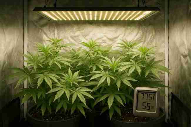 Horizontal photo of cannabis plants under LED light in an indoor tent with thermometer and hygrometer showing balanced conditions for nutrient plan testing.